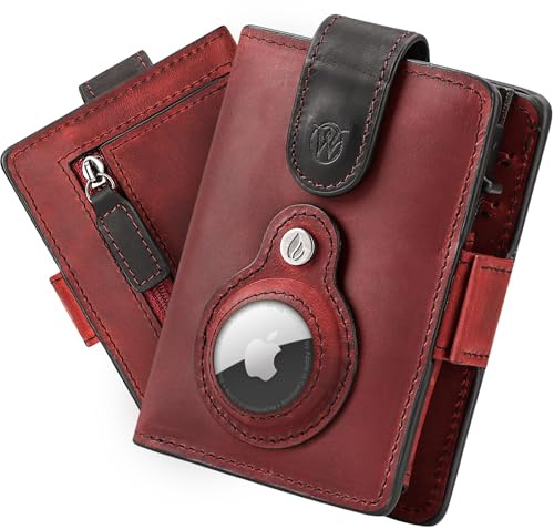 Will Fire® Smart Wallet Herren mit Airtag (1. & 2. Gen)-Fach & Photokapsel | Inkl. Anhänger | Echtleder Airtag Wallet mit Münzfach & Scheinfach | RFID Schutz | Bis zu 12 Karten | [Rot-Schwarz]