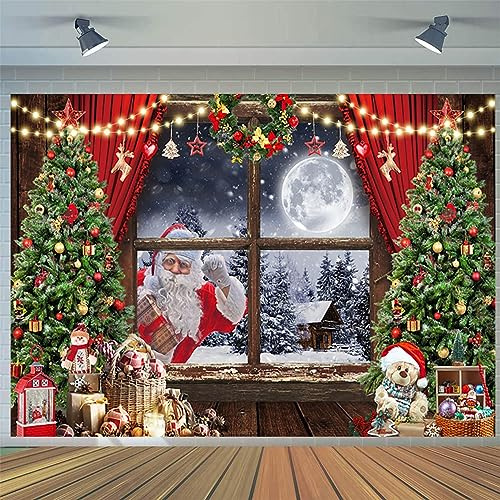2.1x1.5m Foto Hintergrund Weihnachten Xmas Baum Rustikale Holzfenster Mond Nacht Weihnachtsmann Schnee Szene Fotografie Hintergrund Familie Winter Urlaub Neujahr Party Dekoration Fotostudio Requisiten