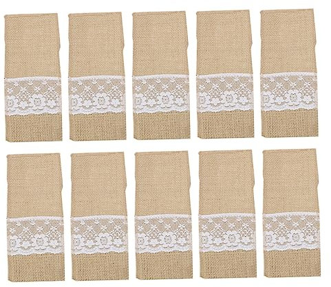 IMIKEYA 10st Tafelbesteck Tasche Sackleinen-spitzen-bestecktasche Gabeltasche Tischbestecktasche Partytisch-geschirrtasche Besteckhalter Aus Sackleinenspitze Hochzeit Jute