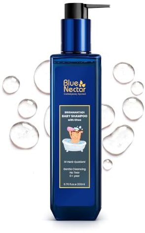 Blue Nectar Baby Shampoo for Kids with Natural Ghee | No Tear Formula | Natural Baby Care Product for New Born | For 0+ Years | Mild Shampoo for Dry & Sensitive Skin (6.76 Fl Oz, 14 Herbs)