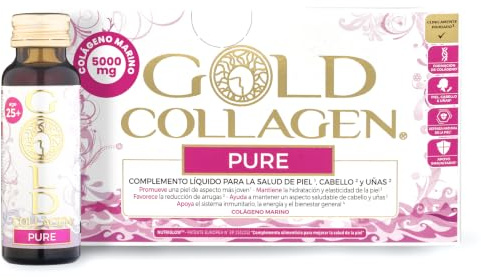 GOLD COLLAGEN Pure - Complemento Líquido de Colágeno Marino Hidrolizado para Cabello, Piel y Uñas Antiarrugas y Sistema Inmunológico con Vitamina C E B6 Ácido Hialurónico Biotina Zinc, 1 Caja 10x50 ml