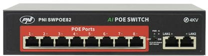 PNI SWPOE82 POE-omkopplare, 8 100 Mbps POE-portar och 2 UP Link-portar 100 Mbps, 120 W, AI-förlängningsfunktion upp till 250 m, 4 KV blixtskydd