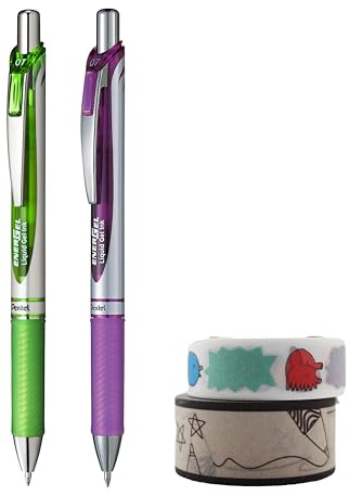 Pentel Set Roller Energel BL77 2 pz & Washi Tape 2 pz (Energel BL77 viola 1 pz + Energel BL77 verde chiaro 1 pz + Washi Tape Animals design 1 pz + Washi tape Pen design 1 pz)