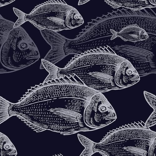 REDAMANCY Papier peint adhésif abstrait bleu foncé et blanc motif poissons marins sur papier peint vintage facile à décoller pour table de chevet, tiroir, placard, locataire