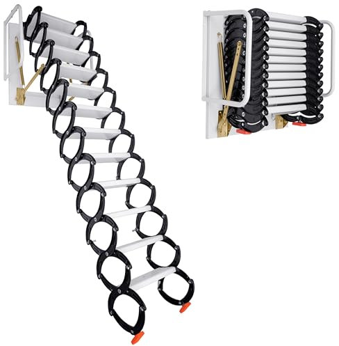 An der Wand montierte Dachbodenleiter, 12-stufige Klappleiter-Verlängerung, einziehbares Dachbodenleiter-Ausziehsystem, Dachbodenleiter mit Armlehnen, 3m vertikale Höhe, bis zu 400kg,Al-Mg-Legierung(T