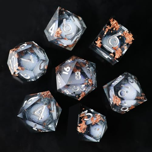 Elifel Sats med D&D-tärningar, 7 st., med flytande kärna av rörlig sand, i harts, vassa kanter, för Dungeons and Dragons, rollspelstärningar, D20, D12, D10, D8, D6 och D4, handgjorda, för rollspel