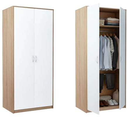Home Collective Kleiderschrank mit 2 Türen 1 Kleiderstange 1 Einlegeboden Garderobenschrank 85 cm breit Schrank Matte Oberfläche aus laminierter Platte für Schlafzimmer Wohnzimmer Flur Sonoma weiß