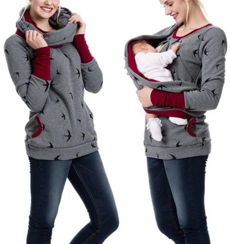 KBOPLEMQ Jersey de lactancia para mujer, invierno, algodón, manga larga, cuello alto, básico, lactancia, ropa de maternidad, camiseta de lactancia con dos capas, sudadera con capucha con bolsillos