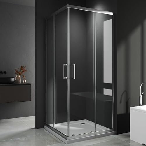 Duschkabine Eckeinstieg 80x90cm Duschabtrennung Schiebetür Dusche, Doppel Schiebetüren Duschwand mit 6mm ESG Sicherheitsglas, Duschkabine Eckdusche Höhe 185cm mit Runder Griff