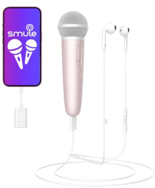 PUREMIC Singing Microphone with Earphone & Stand, Ideal for Vocal Recording, Podcasting, Live Streaming, Gaming, Compatible with Smule & Starmaker & Stingray, USB-C Dongle & Lightning Adapter, Pink
