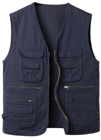 Yukirtiq Fiskeväst för män med flera fickor Gilet bomull resor fotografi Gilet hund träningsväst utomhus safari västar, BLÅ, 5XL