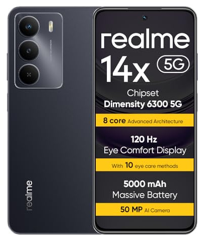 realme 14X 5G Smartphone 6+128 GB, 5G Dimensity 6300, 120 Hz l’écran, Résistance aux Chocs de qualité Militaire, Appareil Photo de 50 MP, Batterie de 5 000 mAh, Noir T（sans Adaptateur）