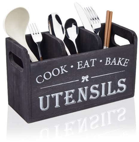 DICOSMETIC Porte Ustensiles de Cuisine en Bois Noir à 3 compartiments Rectangle Style Ferme pour Ranger les Couverts et Ustensiles Sur le Comptoir Idéal pour les Fourchettes Cuillères et Spatules