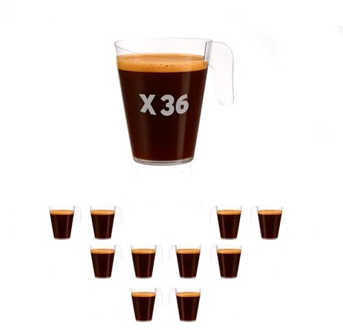 Table'Colors 36 Tasses à Café transparentes 7,2 cl avec anse - Réutilisable - Étanche - Empilable - Anniversaire - Mariage - Plastique dur - Solide - Mug - Expresso - Ristretto - Verrine