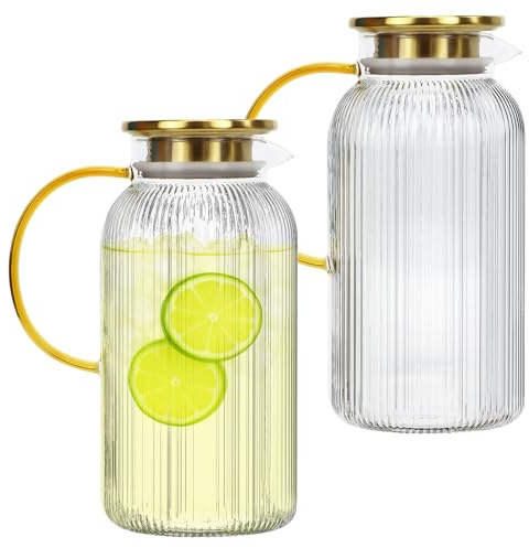 Jarra de vidrio de 2 litros con tapa, paquete de 2 jarras de agua clásicas con rayas verticales de 68 onzas, jarra de agua de vidrio para infusión fría, café, limonada, bebida, leche, té de sol helado