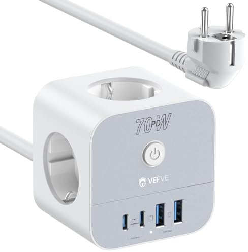 VEFVE Multiprise Cube 7 en 1 (Attention : Standard Allemand Schuko), Chargeur USB-C 70W GaN, 3 Prises (3680W) & 4 USB avec Interrupteur, Câble 5m, pour Laptops et Smartphones, Blanc
