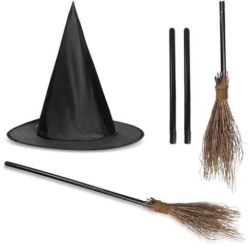 Black Witches Hat and Broom Stick Halloween Witch Accessories Kids - Kids Witches Broomstick and Witch Hat for Halloween Costumes Girls - Childrens Broomstick World Book Day Accessories