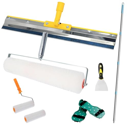 Golvbeläggning verktyg set 6 delar – luftningsrulle 50 cm, ståskrapa 56 cm, teleskopstång 162 cm, nagelskor, färgroller och spatel för utjämningsmedel och epoxiharts