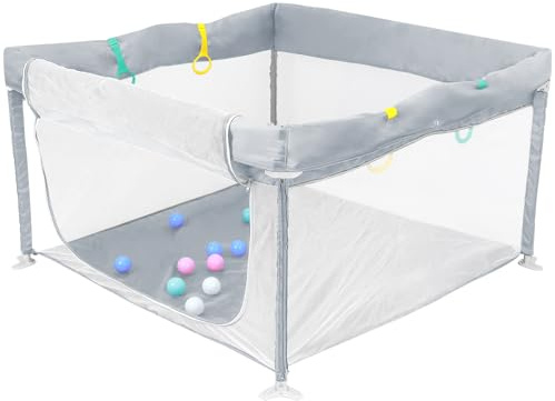 HOMGEN Laufstall Baby 120x120cm Laufgitter Faltbar Klappbares Spielgitter Tragbar Playpen Kinderlaufstall mit Abnehmbarem & Waschbarem Stoff Tasche & Spielzeug 10 Bälle 4 Griffe Für Innen/Außen