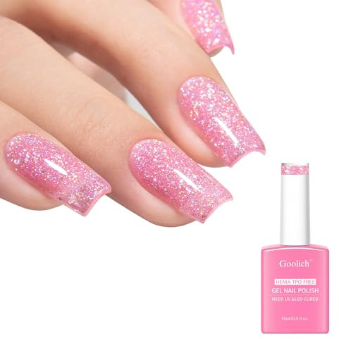 Goolich Smalto Semipermanente Unghie Rosa Glitter Iridescente, 15 ML Senza HEMA e TPO Smalto Gel Rosa Scintillante Brillante per Unghie UV LED