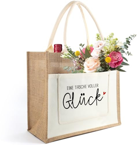 Tarklanda Frauen Jutetasche mit Spruch Eine Tasche Voll Glück, Jute Tote Bag für Damen, Jute Einkaufstasche Frauen, Geschenke für Frau Kollegin Freundin Mama Oma zum Geburtstag, Einzug