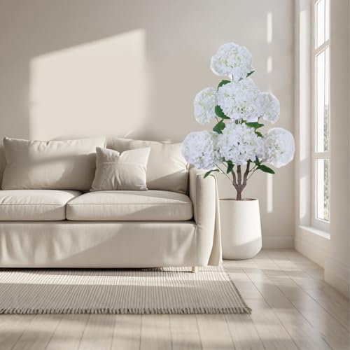PortoAlegre Hortensia artificiel - 90 cm - Avec fleurs et feuilles en pot - Grand arbre d'hortensia artificiel - Décoration pour huas, bureau, mariage, jardin - Blanc