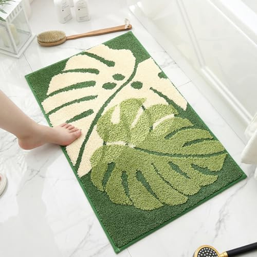 Loismood Blätter-Teppich, super saugfähige, rutschfeste Shaggy-Badematte, maschinenwaschbarer Teppich für Dusche, Schlafzimmer und Küche (80 cm x 50 cm, grün)