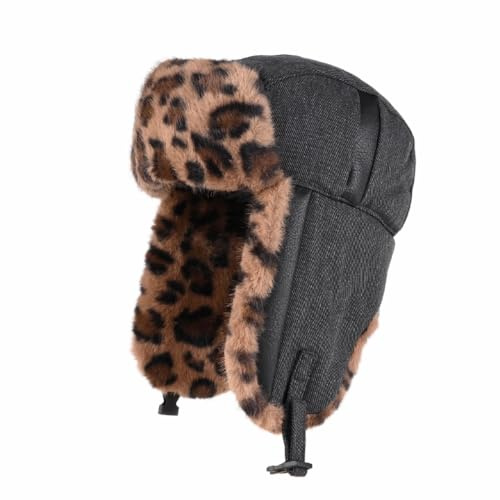 FakeFace Trappermütze Herren Damen Russische Mütze Uschanka Warm Fellmütze Bombermütze Trapper Hut Wintermütze Winddicht Pelzkappe Skimütze Leopard Fleece Skimütze
