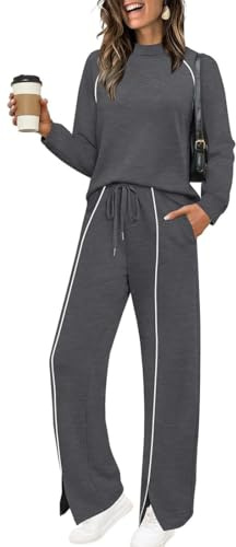 OLIPHEE Trainingsanzug Damen Set 2 Teiler Herbst Winter Jogginganzug Damen Outdoor Zweiteilig Lounge Set Langarm Sweatshirt und Weite Hose Tracksuit Frauen Freizeitanzug