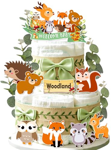 Woodland Kit per torta di pannolini Foresta Decorazione per pannolini con animali Ritagli con Foglie verdi Nastro Stampa per Baby Shower Sesso Rivela Forniture per feste