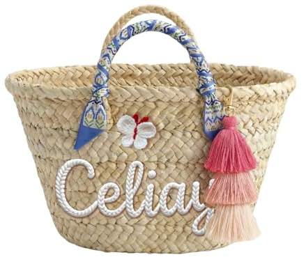 CGFN Personalisierte Strohtasche für Damen & Mädchen, Große Strandtasche mit Namen, Handgemachte Korb Tasche Stroh Sommer&Urlaub, Personalisiert Geschenk für Frauen & Teenager