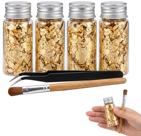 4 Flaschen Blattgold Flocken,Goldfolie Flocken Multifunktion Blattgold | Blattgold Flocken Mit Pinzette,Blattgold Zum Basteln Für Küche,Mousse,Kuchen,Schokolade,Kunsthandwerk Dekoration