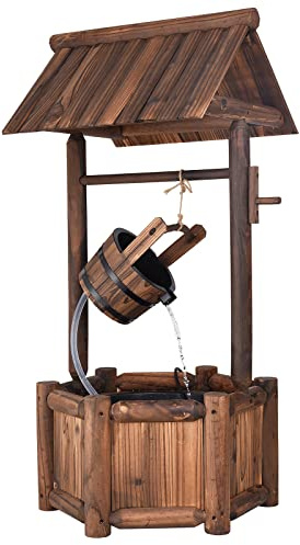 Giantex Wishing Well Water Fountain Outdoor, Rustic Wooden Waterfall Fountain with Electric Pump, Water Bucket, Freestanding Decorative Wishing Well Water Feature for Backyard Patio Garden Lawn