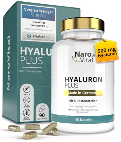 Hyaluronsäure Kapseln | Hochdosiert mit 500 mg Hyaluron pro veganer Kapsel | Molekulargewicht 500-700 kDa | 90 Kapseln (3 Monate) | Unterstützung für Haut, Gelenke & Anti-Aging