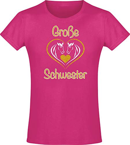Pferde T-Shirt Mädchen - Große Schwester - Pferd Tshirt - Reiterin Geschenk Reitbekleidung Kinder (Fuchsia 140)