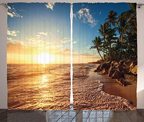 ABAKUHAUS Landschaft Rustikaler Gardine, Palmen am Strand, Schlafzimmer Kräuselband Vorhang mit Schlaufen und Haken, 280 x 245 cm, Blau Braun