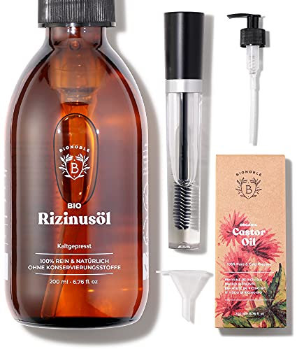 BIONOBLE Aceite de Ricino Organico + Kit de Rímel, Prensado en Frío - Pestañas, Cabello, Cejas - Vegan Castor Oil - Aceite de Ricino 100 Puro y Natural - Botella de Vidrio y Bomba - 200ml