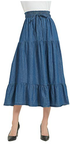 Tronjori Womens A Line Long Midi Denim Skirt Tired Pleated Layers Elastic Waist Front Drawstring(XL, Denim Blue)