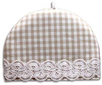 Kannenwärmer Hannah Vogtländische Spitze hochwertige Teemütze - langanhaltende Wärme zum Frühstück | Landhaus Teehaube beige-weiß kariert | dick gefütterter Kaffeewärmer | Kannenmütze ca. 27 x 30 cm