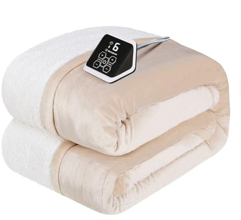 Westinghouse Heated Blanket Twin Size, Soft Flannel to Sherpa Electric Blanket with 10 Heating Levels, 1-12 Hours Auto Shut Off, Fast Heating, Machine Washable, 62x84 Inch, Beige
