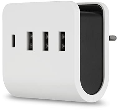 REV USB Ladegerät – USB-A und C Steckdosenadapter 3+1fach mit praktischer Ablagefläche – weiß