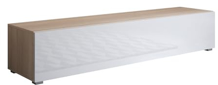 MB Muebles Bonitos, Luke H2 Meuble TV avec Pieds 2 cm pour Salon Moderne, Design modulaire avec Porte Rabattable, mélamine Mate et Brillante, Sonoma et Blanc, 160 x 32 x 40 cm
