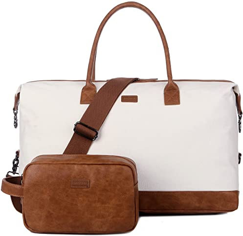 BAOSHA Damen Canvas Weekender Reise Sport Seesack Handgepäck Reisetasche Große Krankenhaustasche mit Kulturbeutel HB-14 (Beige/Weiß)