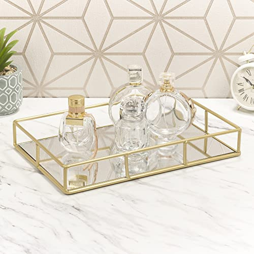 Set of 2 Metal Gold Decorative Mirror Trays Vanity Perfume Decor Candle Holders (Rectangle)