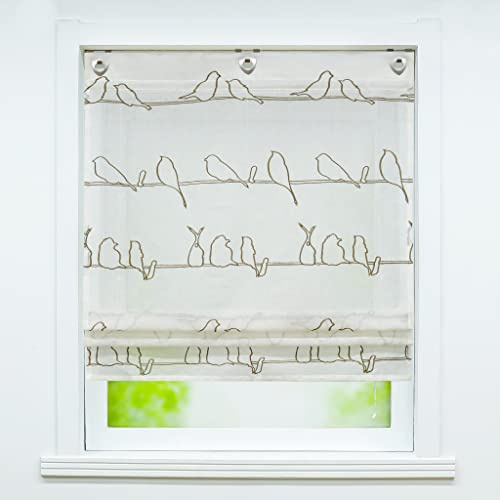 Delien Raffrollo ohne Bohren Modern Gardine Transparente Raffgardine Rolls Kurzgardine »Vogel« Bändchenrollo Schals Wohnzimmer Vorhang Landhaus Fenstergardinen mit Ösen BxH 60x140cm,Beige