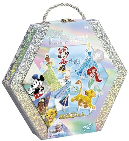 Totum Disney Diamond Painting Personaggi in bella confezione regalo – 6 personaggi Disney da decorare con oltre 850 diamanti in valigetta glitterata, regalo per bambini, medio