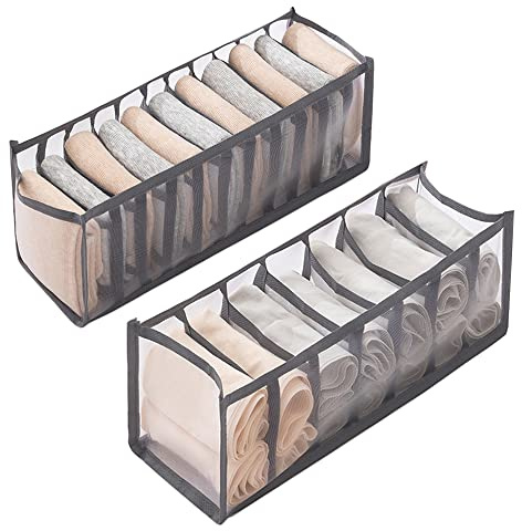 CORTNEY 2 Stück Organizer für Socken und Unterwäsche, Faltbare Kleiderschrank für Krawatten, Gürtel und Andere Zubehörteile, 11+7 Gitter (Grau)