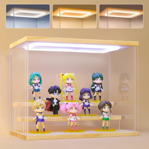 Naconmlet Acryl Vitrine Schaukasten mit led 3/4/5 Stufen-Transparent staubdichte Display Case Box für Sammlerstücke, Figuren,Collectibles (Holz 3 Stufen 32.2x19x25.8cm)
