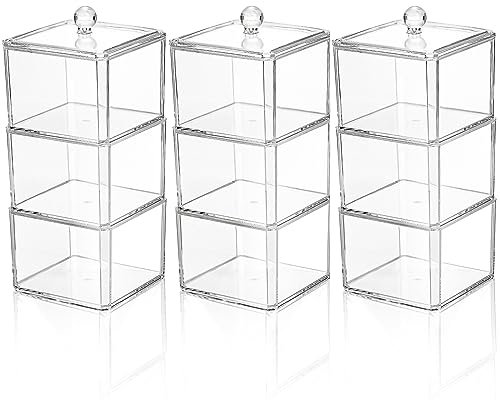 Hiceeden Quadratischer Haar Zubehör Organizer mit Deckel, Stapelbare Acryl Badezimmer Behälter, Wattebällchen, Qtip Halter, transparenter Haargummi Organizer, Aufbewahrung für Mädchen, Schleife