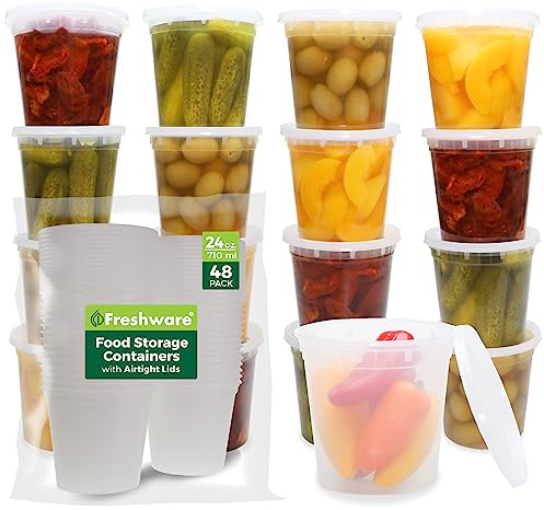 Freshware Food Storage Containers 24 oz Plastic Deli Containers with Lids, Slime, Soup, Meal Prep Containers, BPA Free, Stackable, Leakproof, Microwave/Dishwasher/Freezer Safe, 48 count (pack of 1)